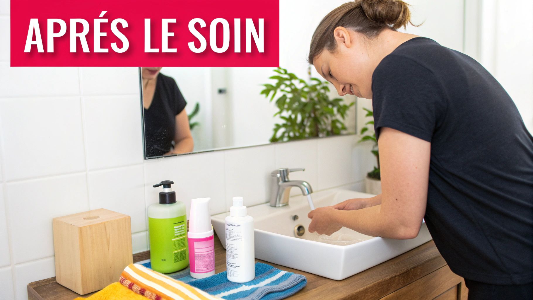 Après le soin : une femme se lave les mains dans un lavabo blanc, entourée de produits et serviettes.