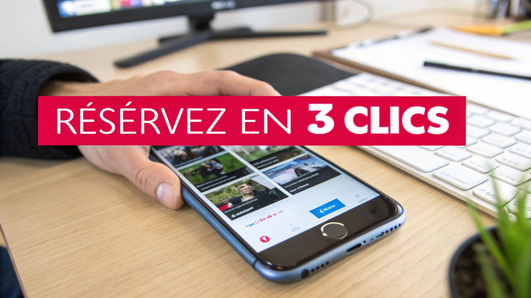 Une personne tient un smartphone affichant des images, sur un bureau avec un clavier. Un bandeau rouge indique : « RÉSERVEZ EN 3 CLICS ».