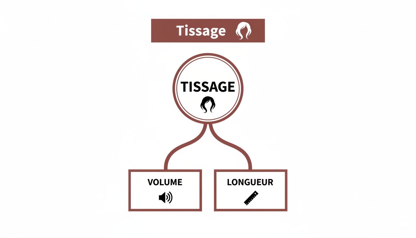 Diagramme illustrant le concept de tissage capillaire, se divisant en volume et longueur, avec des icônes de cheveux.