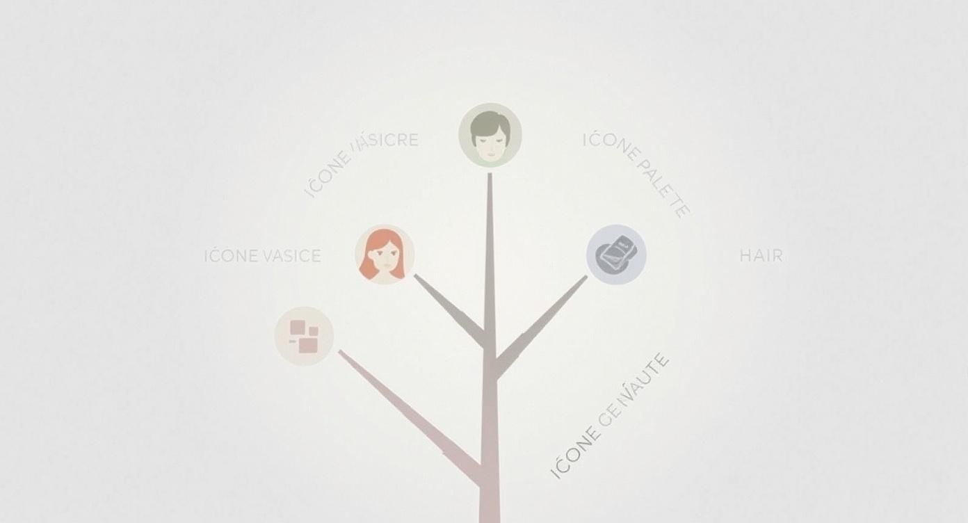 Arbre schématique illustrant les différentes catégories d'icônes pour le maquillage et la coiffure avec symboles visuels