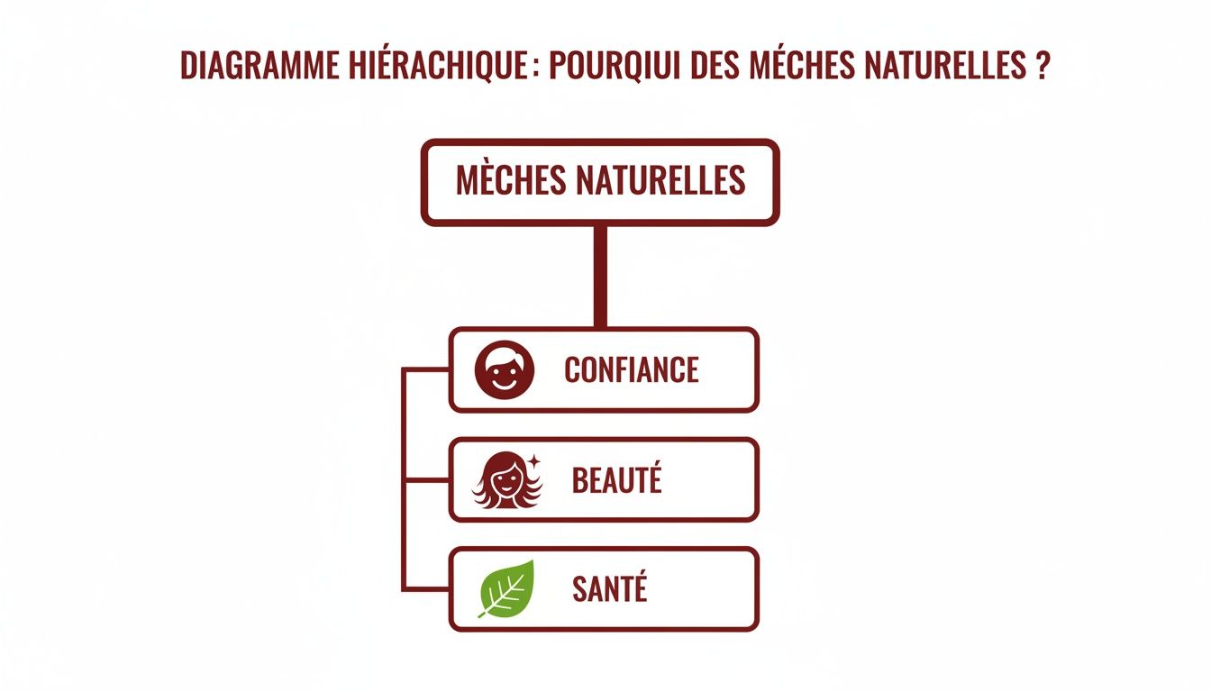 Diagramme hiérarchique expliquant les avantages des mèches naturelles pour la confiance, la beauté et la santé.