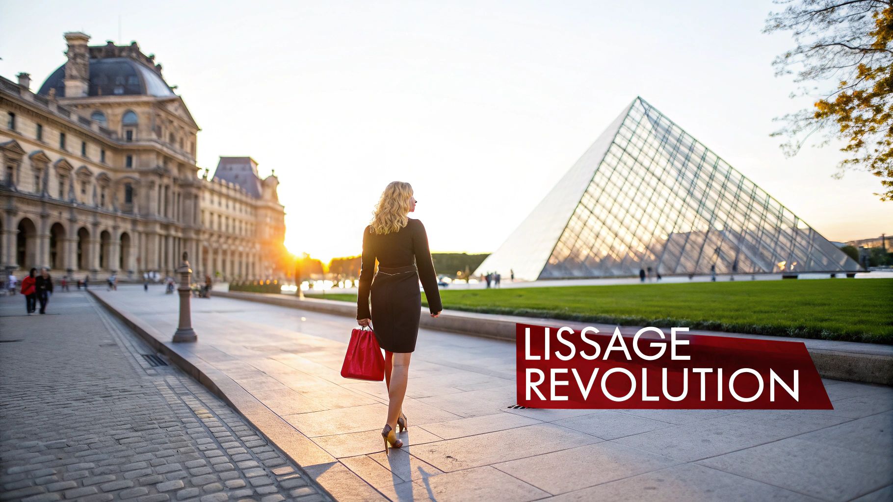 Femme élégante marche vers la Pyramide du Louvre au coucher du soleil, avec le musée en fond. Texte : Lissage Révolution.