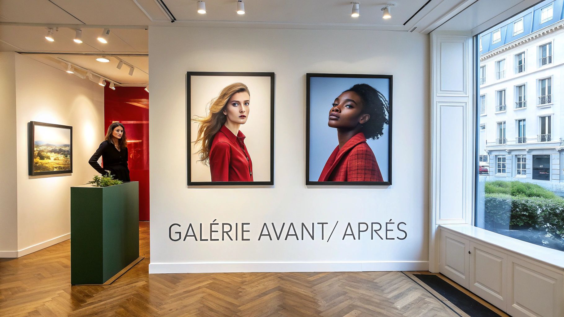 Une femme dans une galerie d'art, regardant des portraits. Le texte "GALÉRIE AVANT/APRÈS" est visible.
