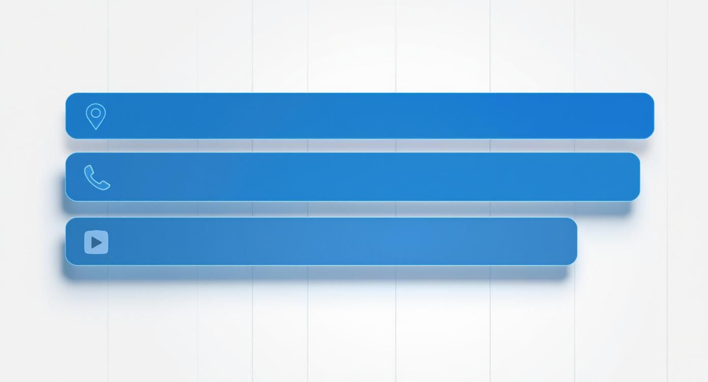 Trois barres bleues arrondies avec icônes de localisation, téléphone et lecture pour des liens d'information.