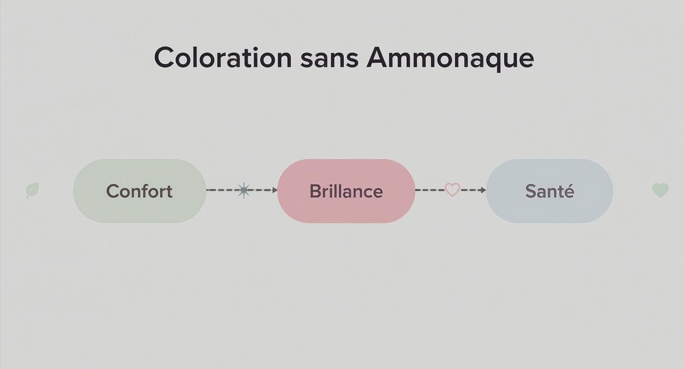 Schéma montrant les avantages de la coloration sans ammoniaque : confort, brillance et santé des cheveux