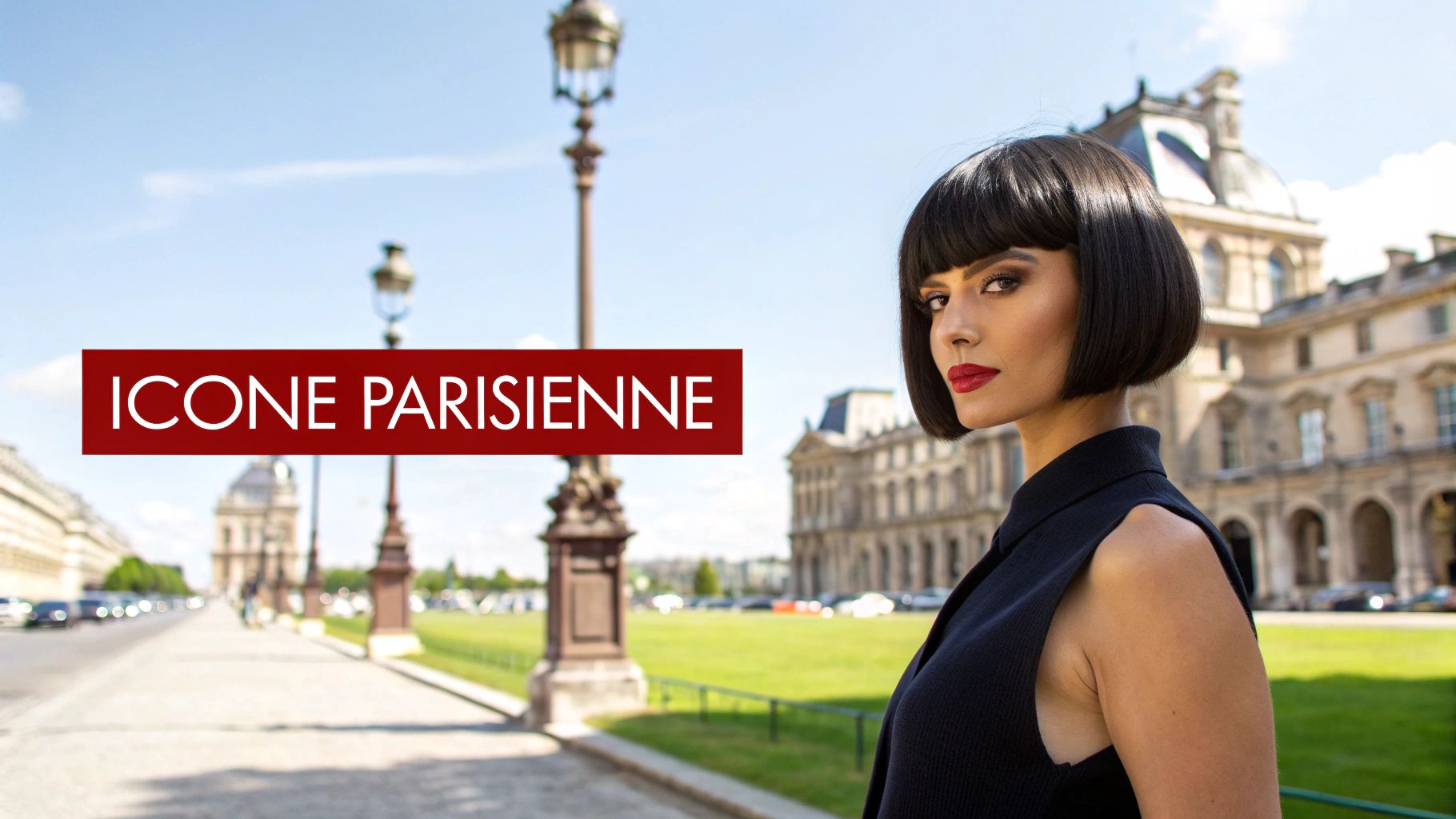 Une femme élégante aux cheveux courts et rouges à lèvres, posant à Paris avec des bâtiments classiques en arrière-plan.