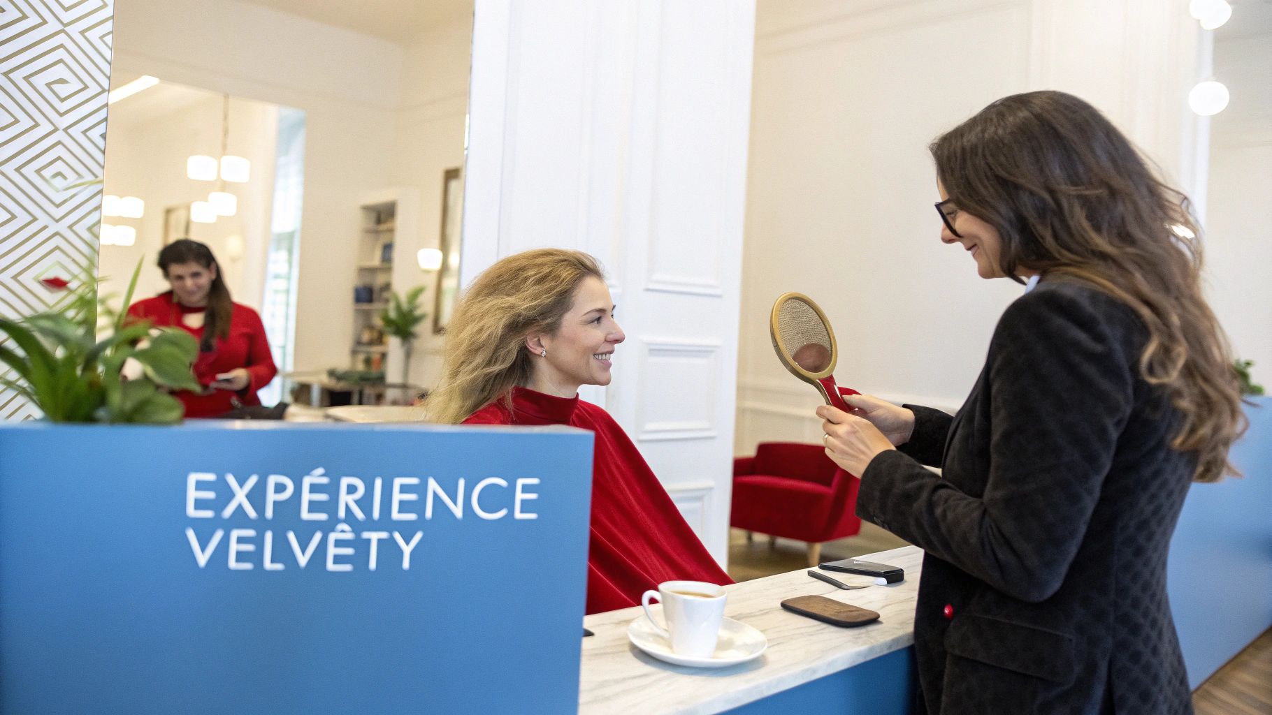 Une cliente se regarde dans le miroir, ravie de son nouveau tissage, dans le salon Velvety à Paris.