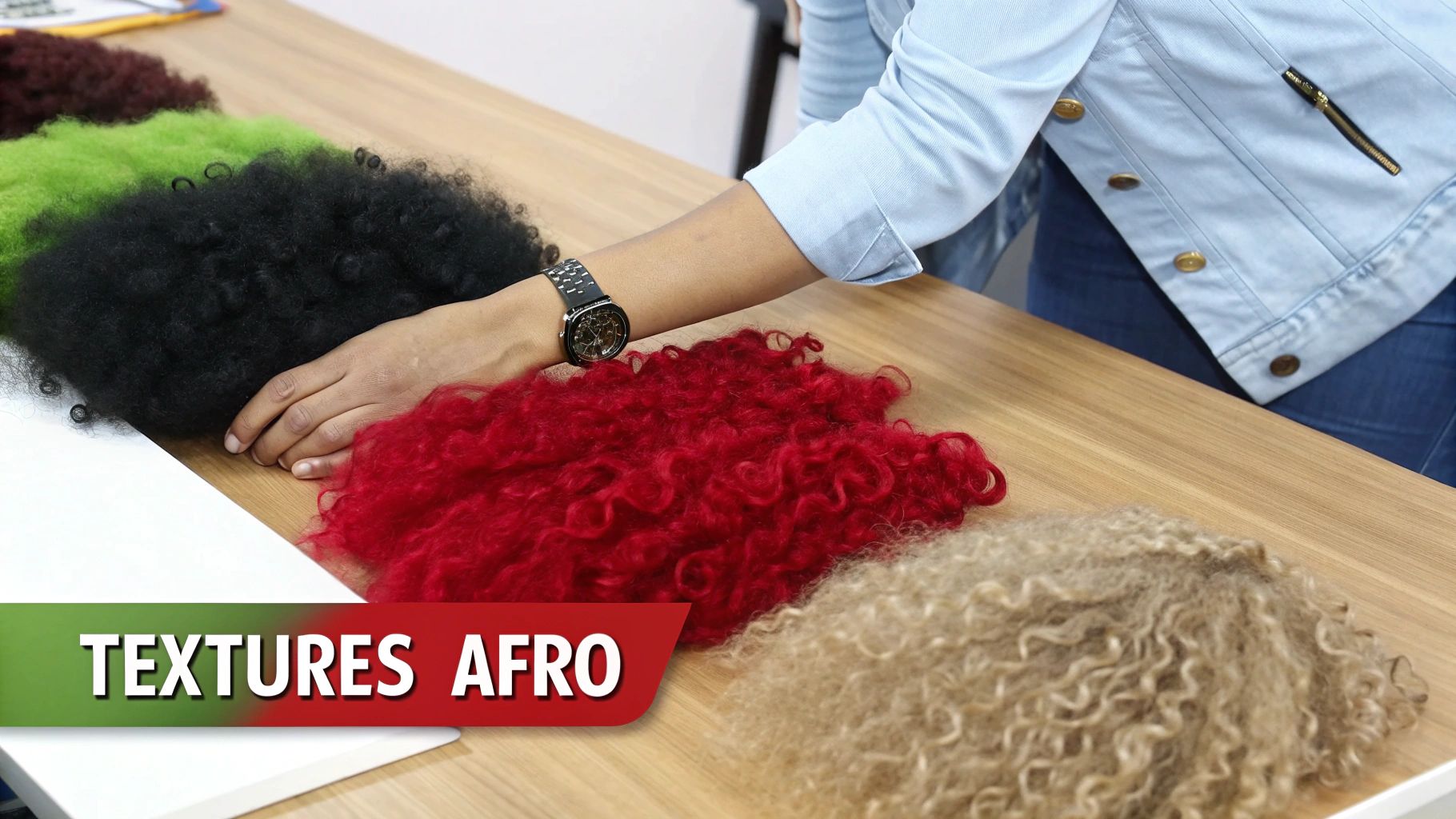 Main d'une personne touchant des mèches de cheveux afro de différentes couleurs (noir, vert, rouge, blond) sur une table en bois.