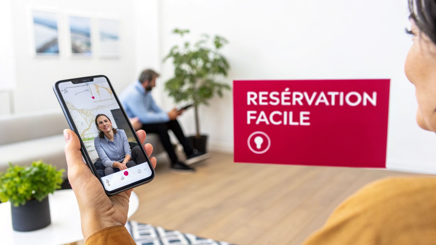 Une personne tient un smartphone affichant une carte et un appel vidéo, près d'un panneau 'RÉSERVATION FACILE'.