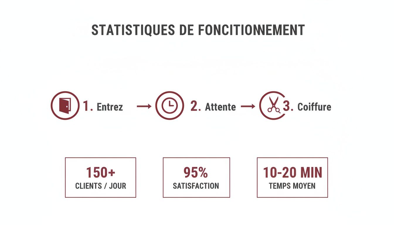Infographie des statistiques de fonctionnement d'un salon de coiffure, détaillant le processus client et les performances clés.