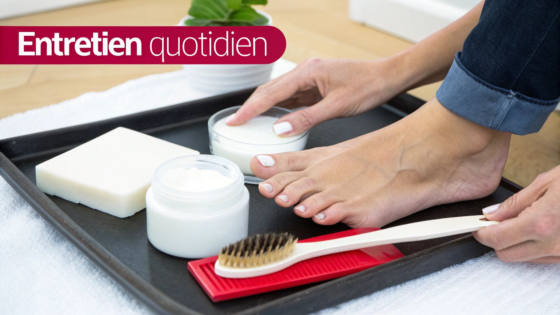 Personne appliquant une crème sur ses pieds, entourée de produits de soin comme du savon et une brosse sur un plateau noir, pour un entretien quotidien.