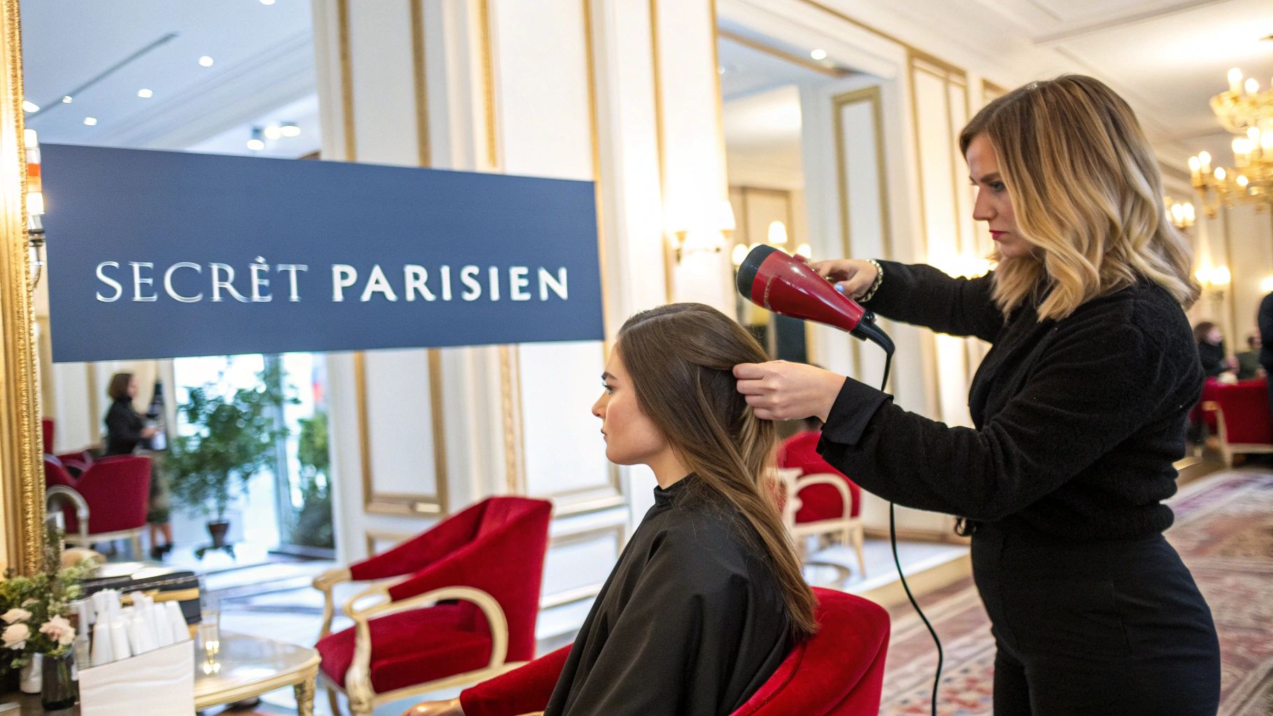 Une femme aux cheveux longs et blonds utilise un spray sur sa chevelure