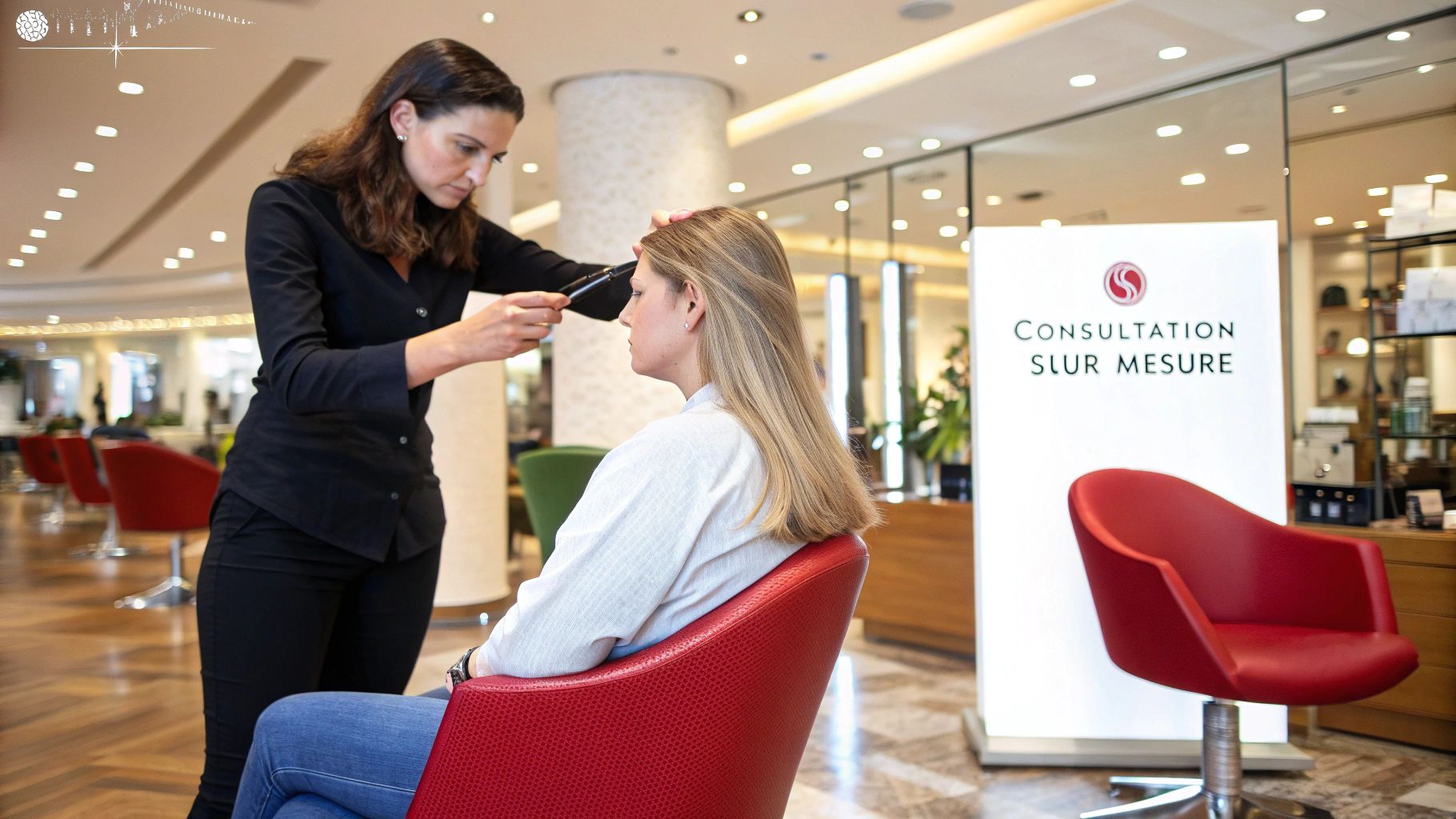 Une coiffeuse experte de Velvety Paris réalisant un diagnostic capillaire personnalisé pour une cliente dans leur salon de luxe.