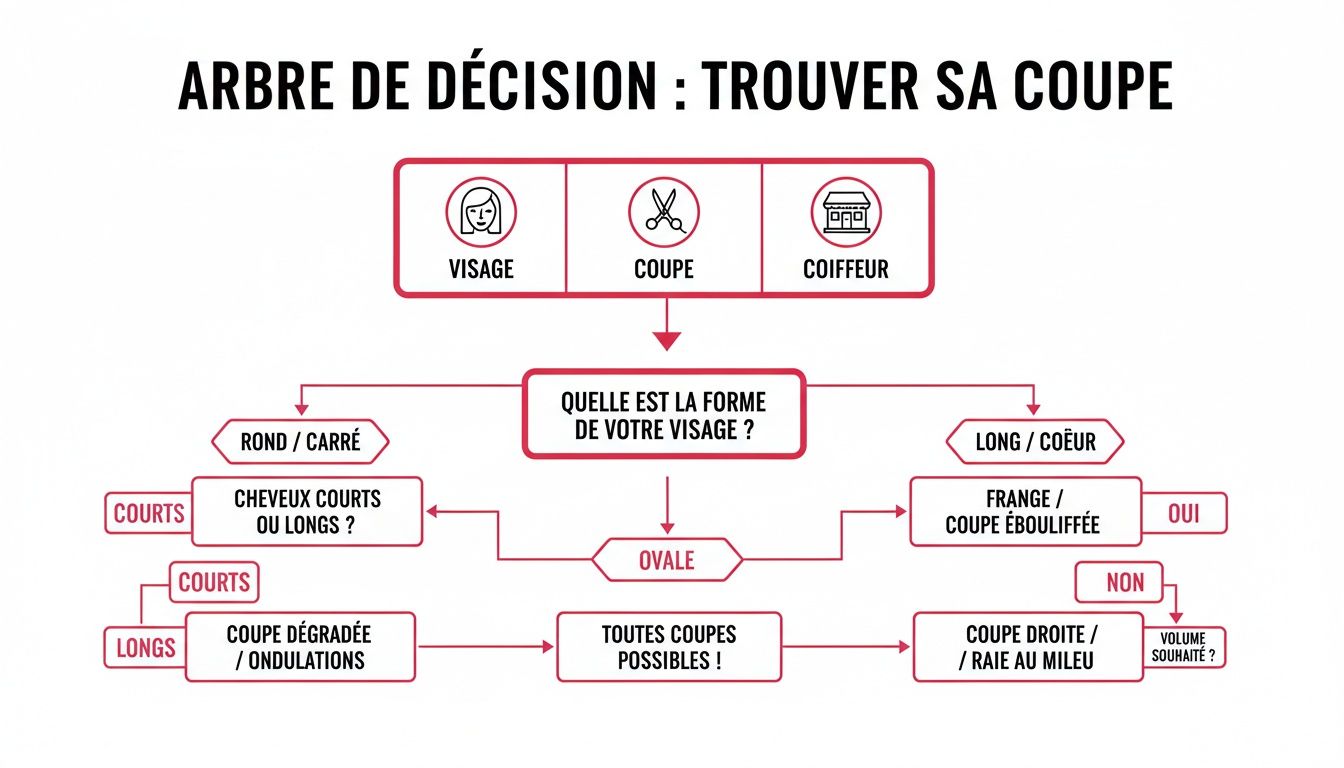 Un arbre de décision guide pour trouver sa coupe de cheveux idéale selon la forme de son visage.
