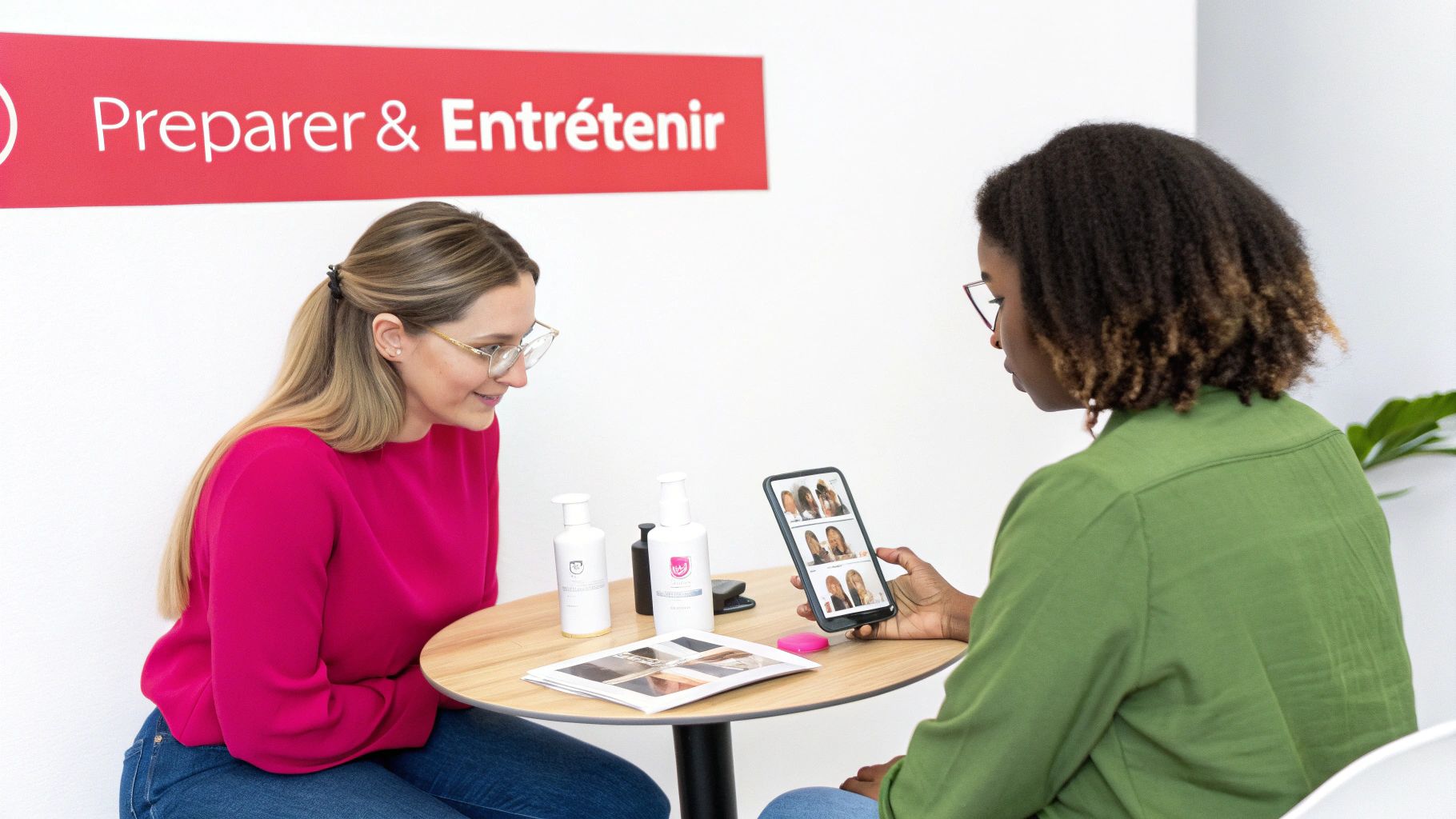 Consultation capillaire : deux femmes examinent des styles de cheveux sur un smartphone avec des produits cosmétiques.