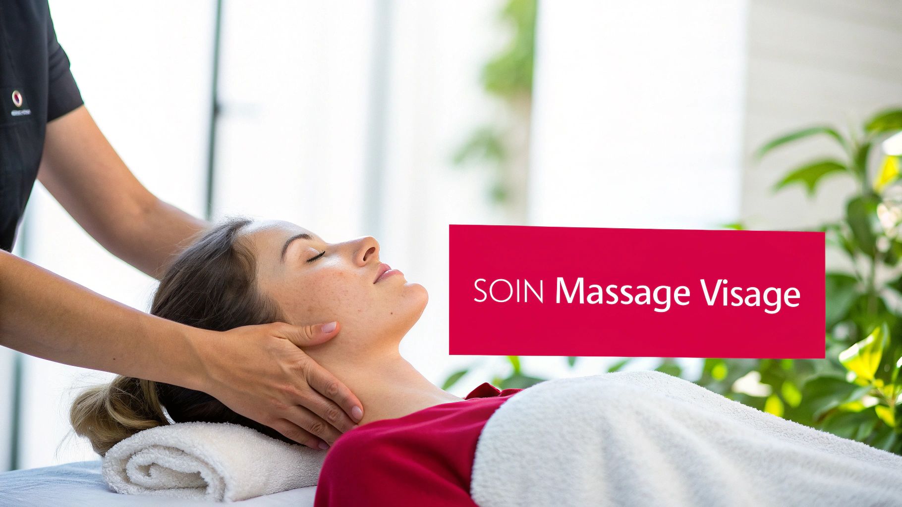Une femme détendue reçoit un massage facial par une esthéticienne, avec le texte "SOIN Massage Visage" sur l'image.