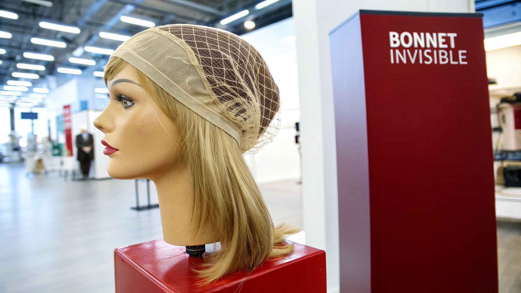 Tête de mannequin avec perruque blonde et sous-bonnet, près d'une affiche rouge "BONNET INVISIBLE" dans un magasin.