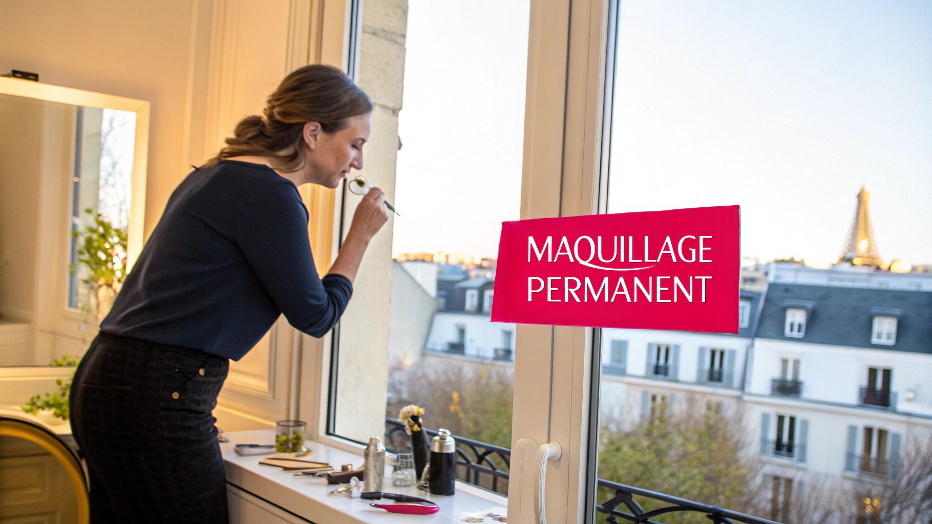 Une femme applique du maquillage près d'une fenêtre avec vue sur Paris et un panneau 'Maquillage Permanent'.