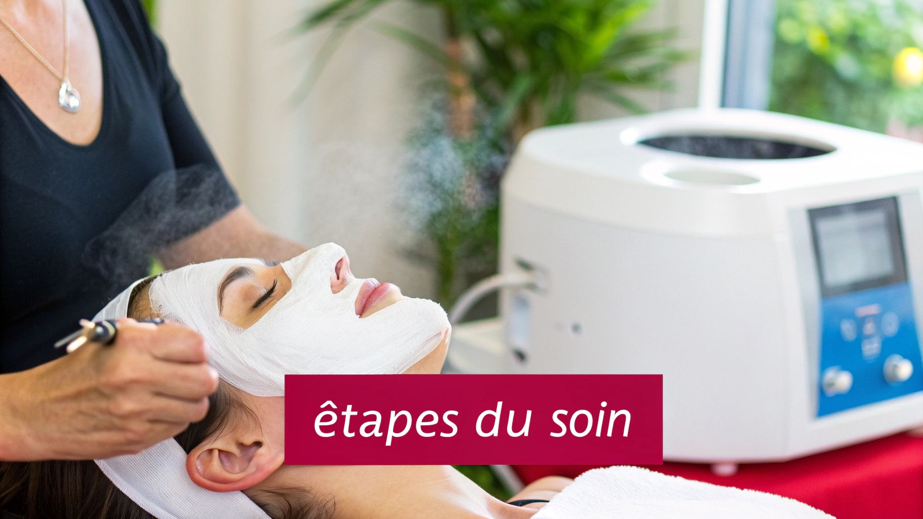 Une esthéticienne applique un masque facial à une cliente pour un soin du visage, avec de la vapeur visible, illustrant les étapes du soin.
