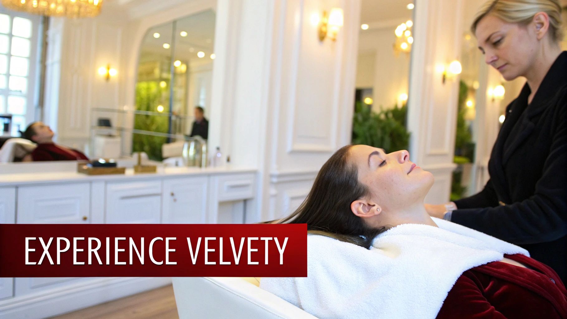 Une femme reçoit un traitement de beauté relaxant dans un salon luxueux, administré par une esthéticienne attentive.