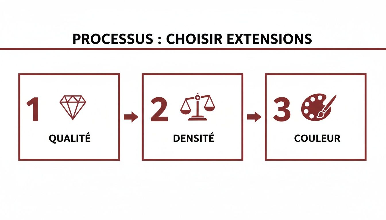 Infographie décrivant les 3 étapes essentielles pour choisir des extensions de cheveux : qualité, densité et couleur.
