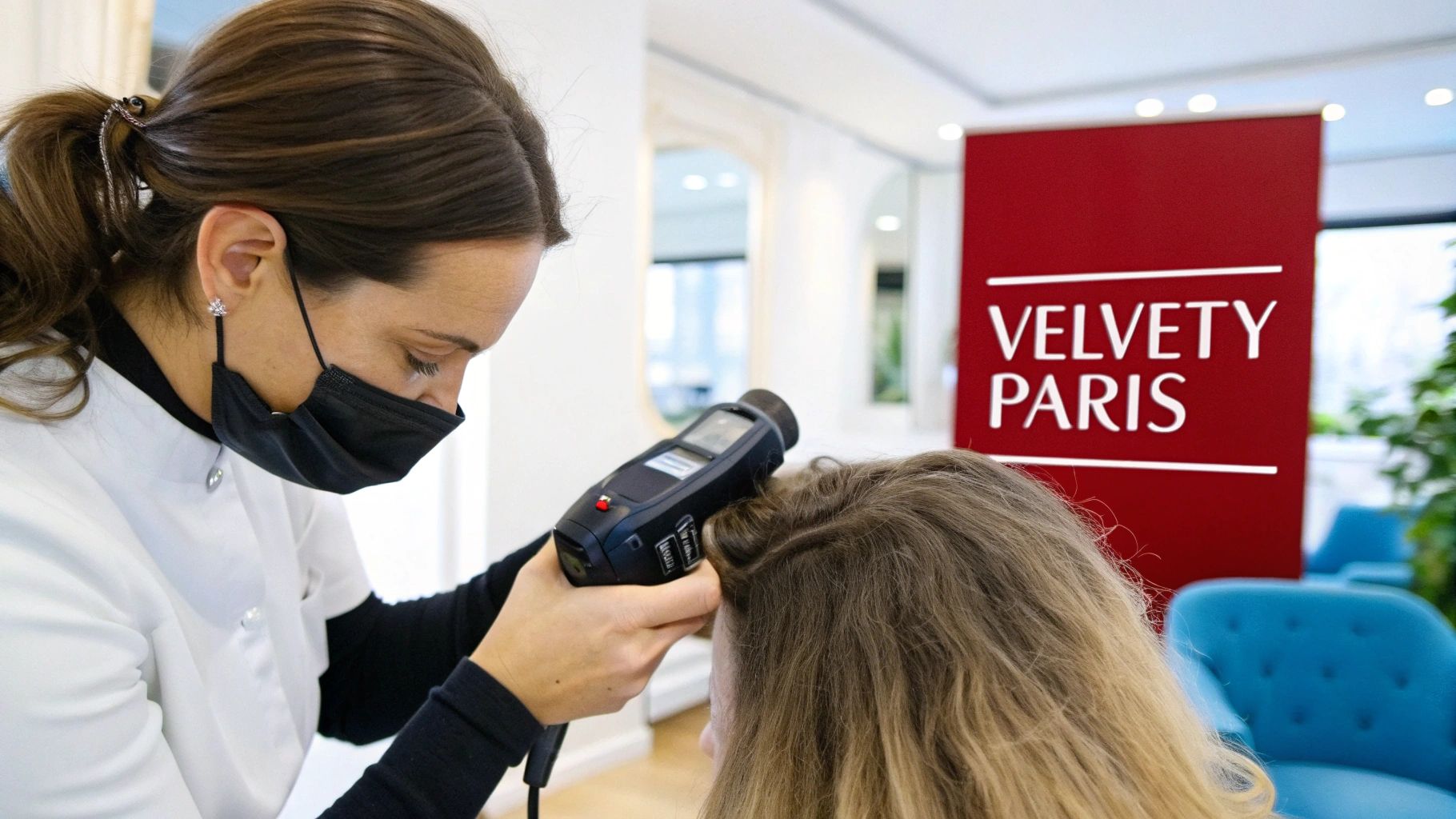 Une professionnelle en blouse blanche utilise un appareil de diagnostic capillaire sur les cheveux d'une cliente dans un salon Velvety Paris.