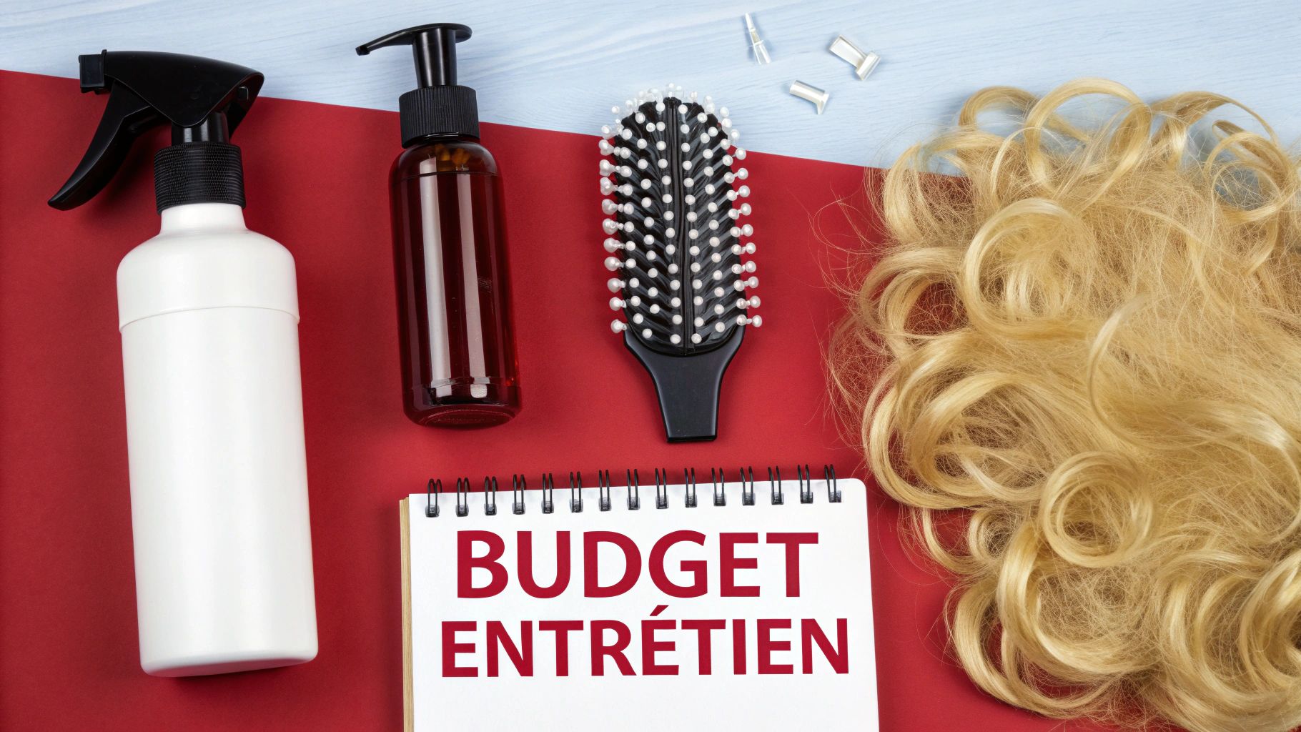 Produits de soins capillaires, une brosse, une perruque blonde et un carnet "BUDGET ENTRETIEN" sur fond coloré.