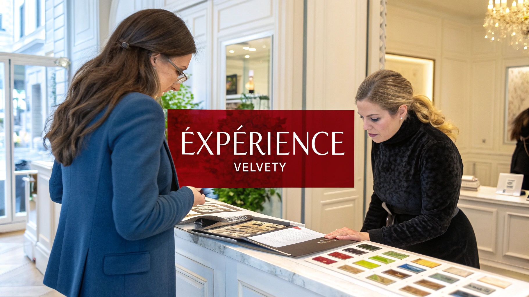 Deux femmes en tenue élégante examinent des échantillons de couleurs et un catalogue dans un showroom lumineux. Le texte "EXPÉRIENCE VELVETY" apparaît sur une bannière rouge.