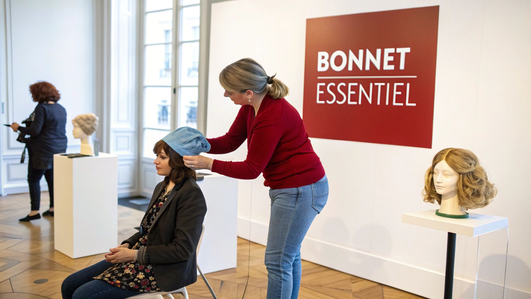 Une femme élégante choisissant un bonnet pour perruque dans la boutique Velvety Paris.