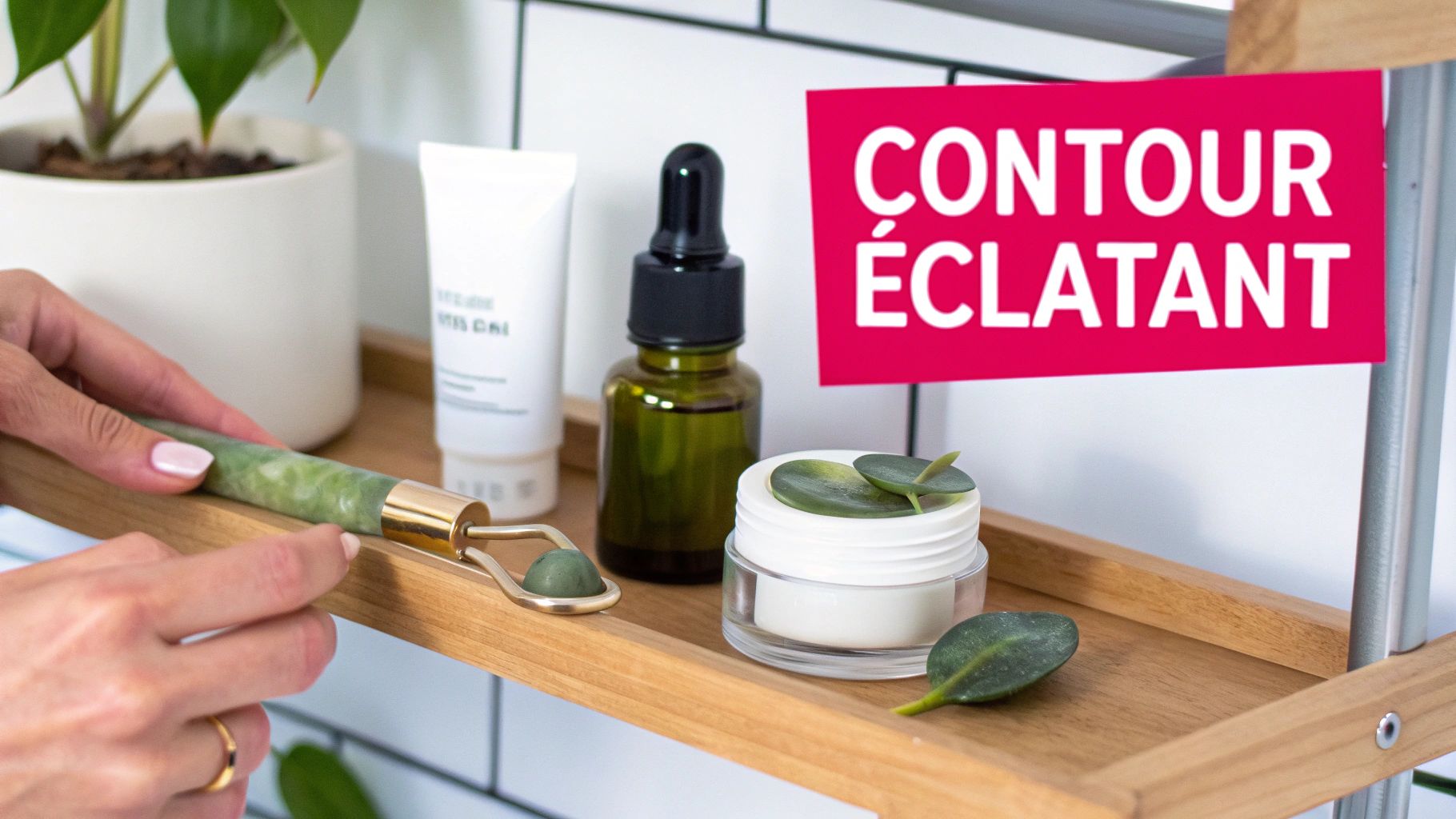 Une personne utilise un rouleau de jade sur une étagère en bois avec des produits de beauté, un sérum et une crème, et une plante.