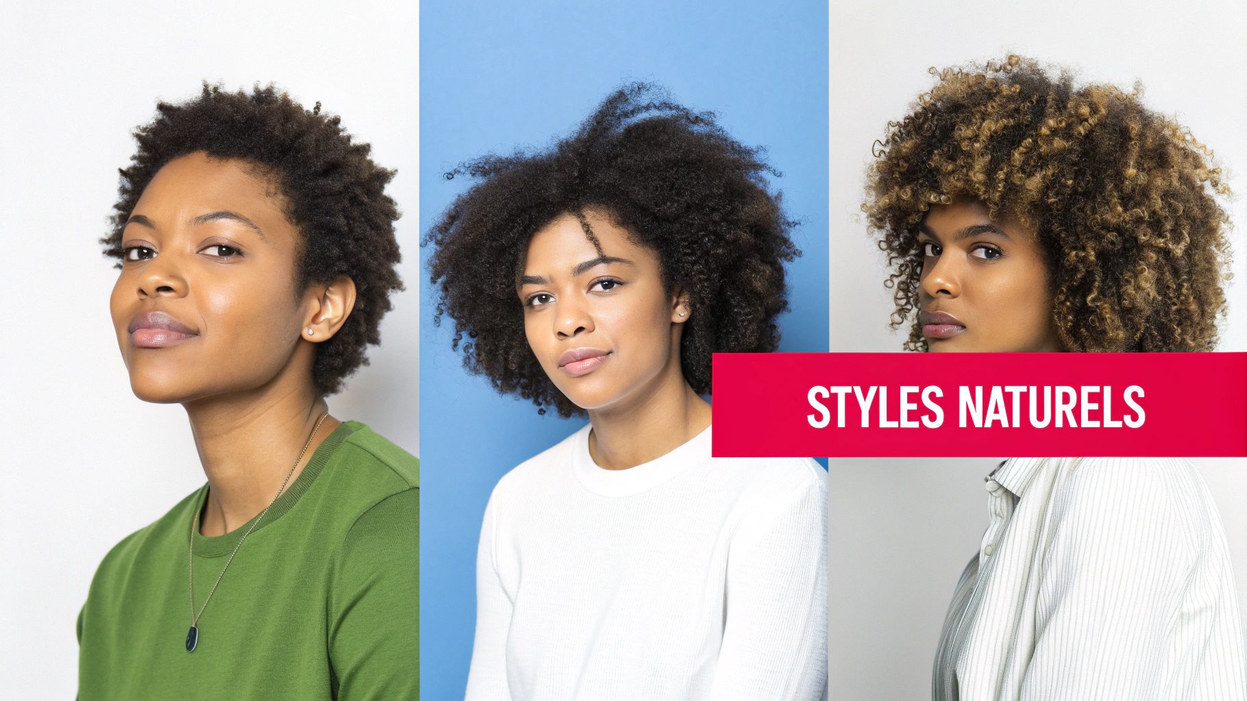 Trois femmes noires souriantes, aux coiffures naturelles et bouclées variées, avec une bannière rouge 'Styles Naturels'.