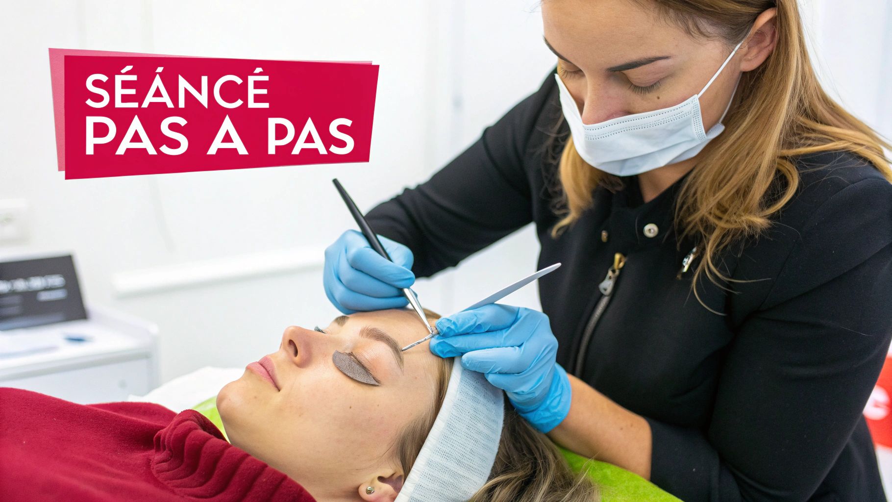 Une esthéticienne masquée et gantée réalise une séance de soin des sourcils sur une cliente, étape par étape.