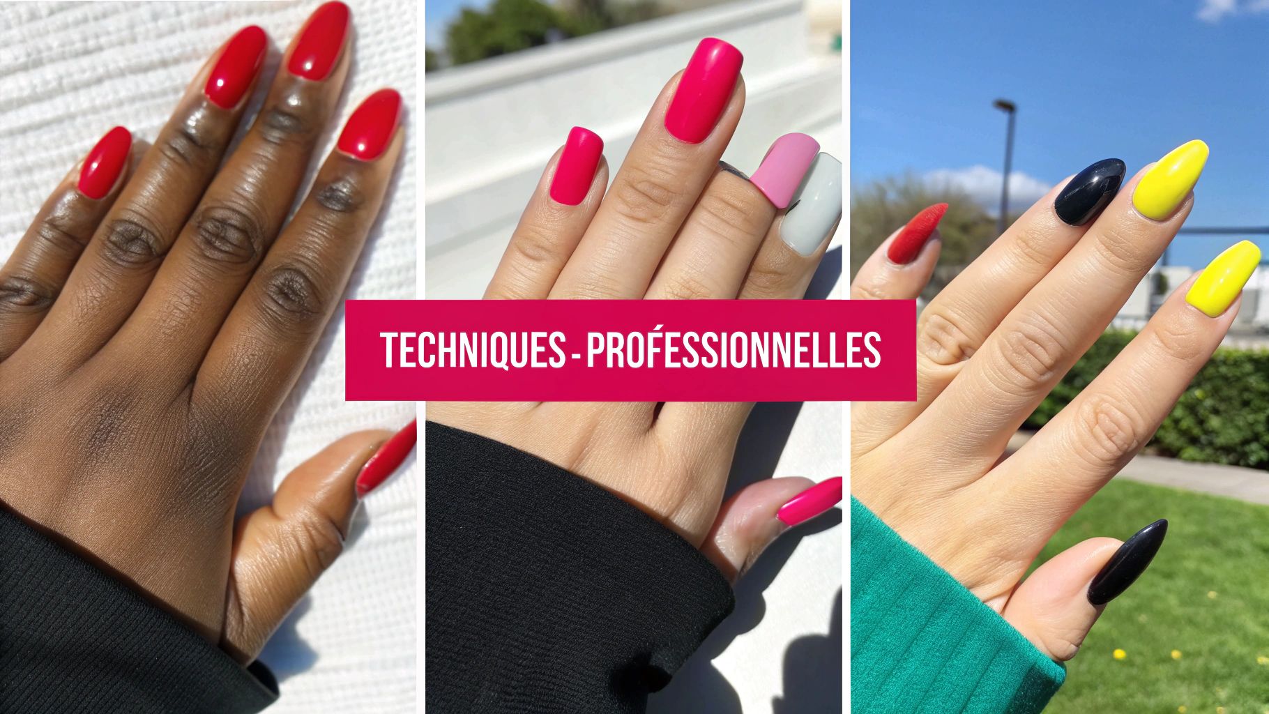 Trois mains présentant différentes techniques de manucure avec des ongles colorés et le texte 'Techniques Professionnelles'.