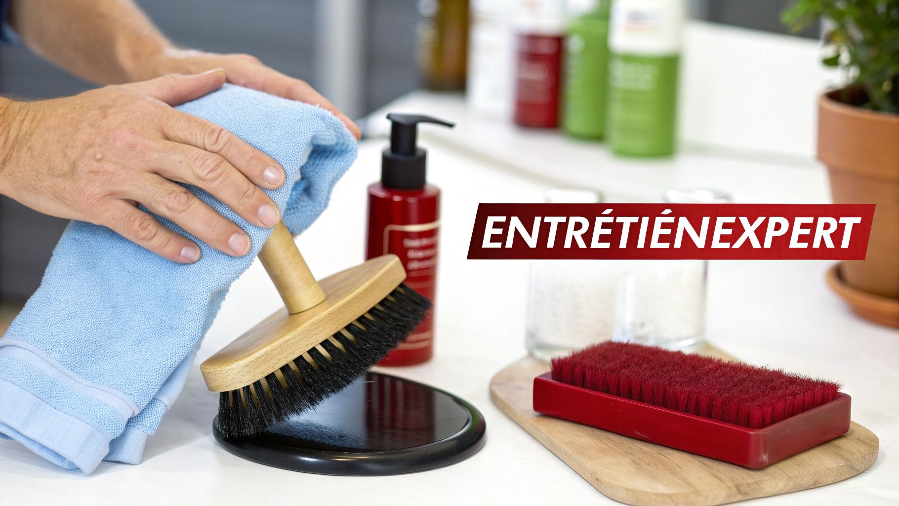 Mains nettoyant une brosse avec une serviette bleue, avec des produits d'entretien visibles et le texte ENTRETIENEXPERT.