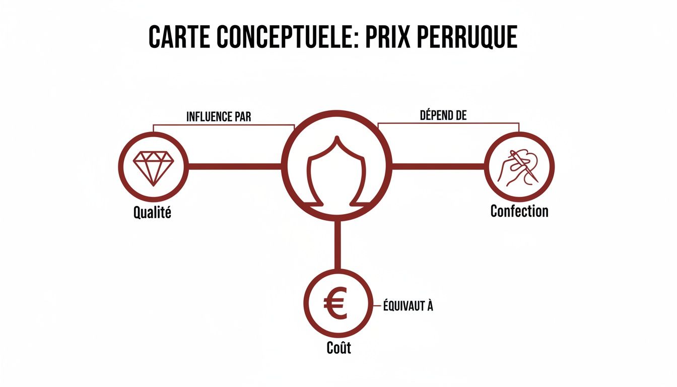 Carte conceptuelle illustrant le prix d'une perruque, influencé par la qualité, la confection et équivalant au coût.