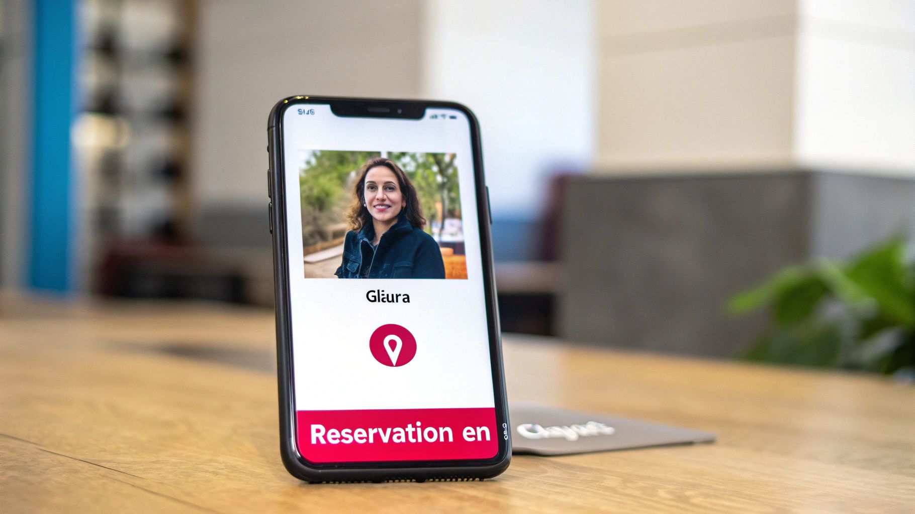 Un smartphone présente une application de réservation avec le profil d'une femme souriante, Glüra.