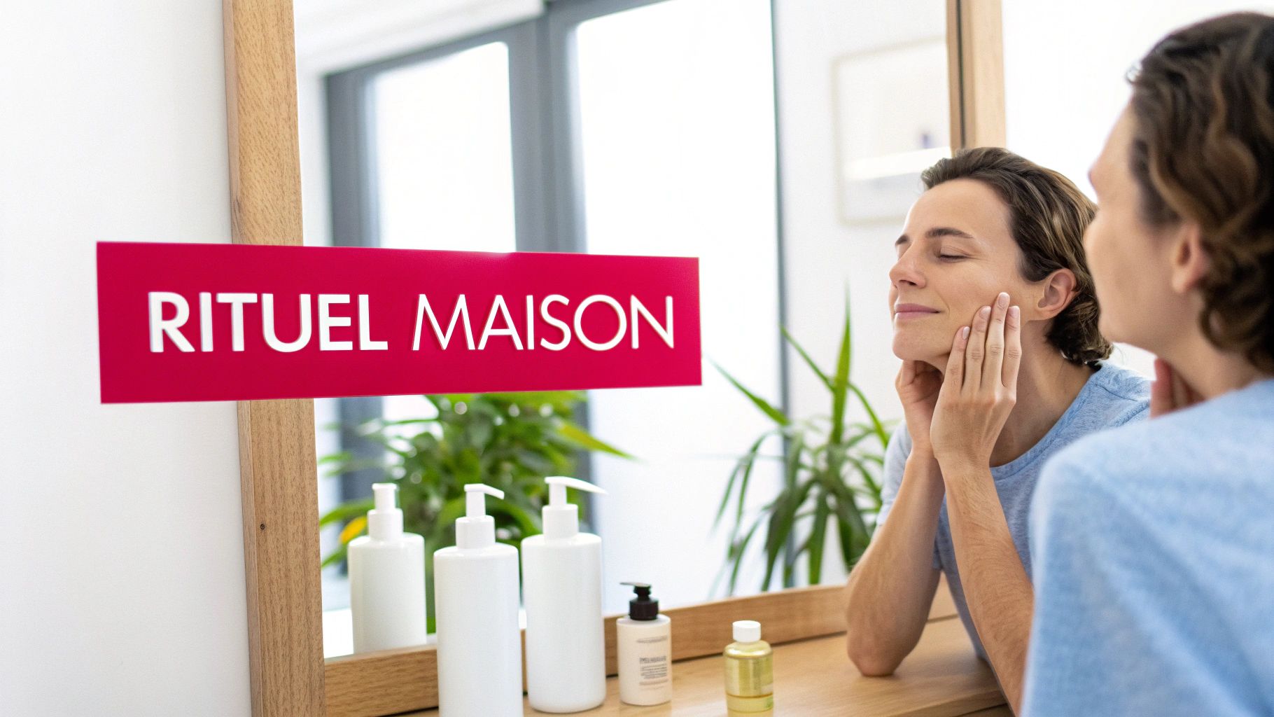 Femme souriante se massant le visage devant un miroir, avec des produits de beauté et une pancarte Rituel Maison.