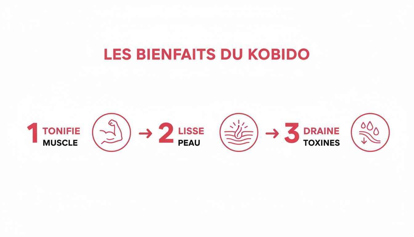 Infographie illustrant les trois bienfaits du Kobido: tonifie les muscles, lisse la peau et draine les toxines.
