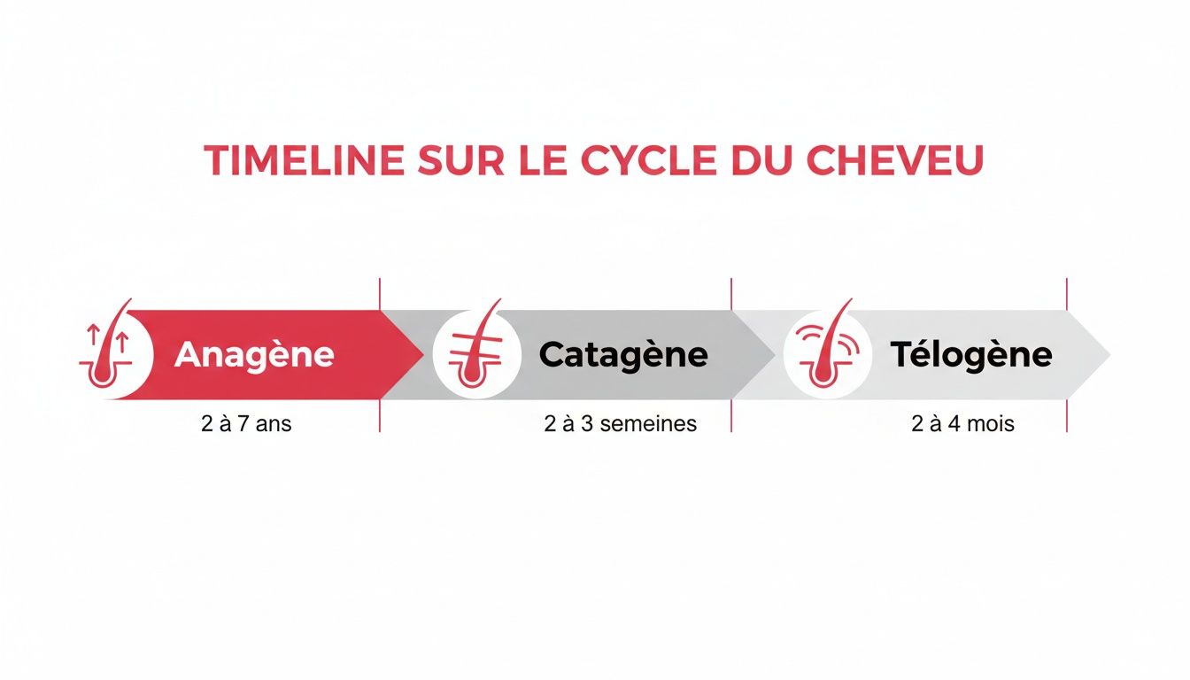 Infographie illustrant le cycle de vie du cheveu avec les phases Anagène, Catagène et Télogène, et leurs durées respectives.