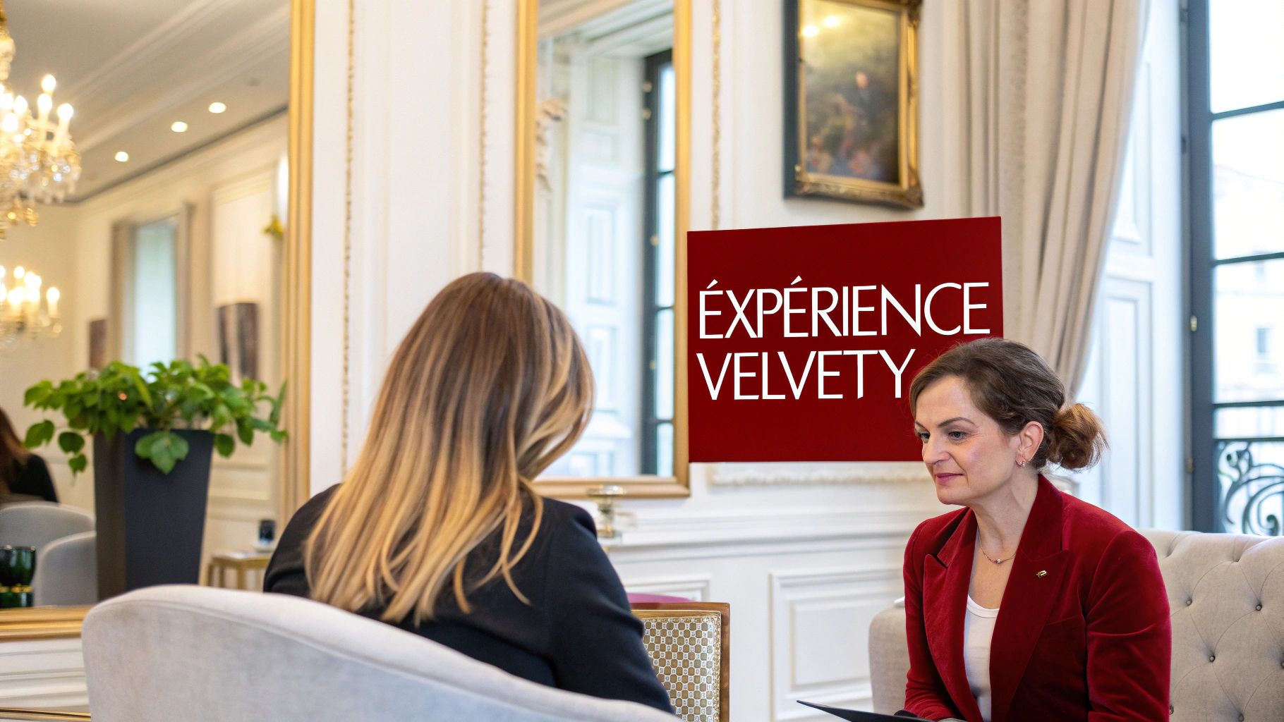 Deux femmes en discussion dans une pièce élégante avec un miroir doré, des lustres et un panneau rouge "EXPÉRIENCE VELVETY".