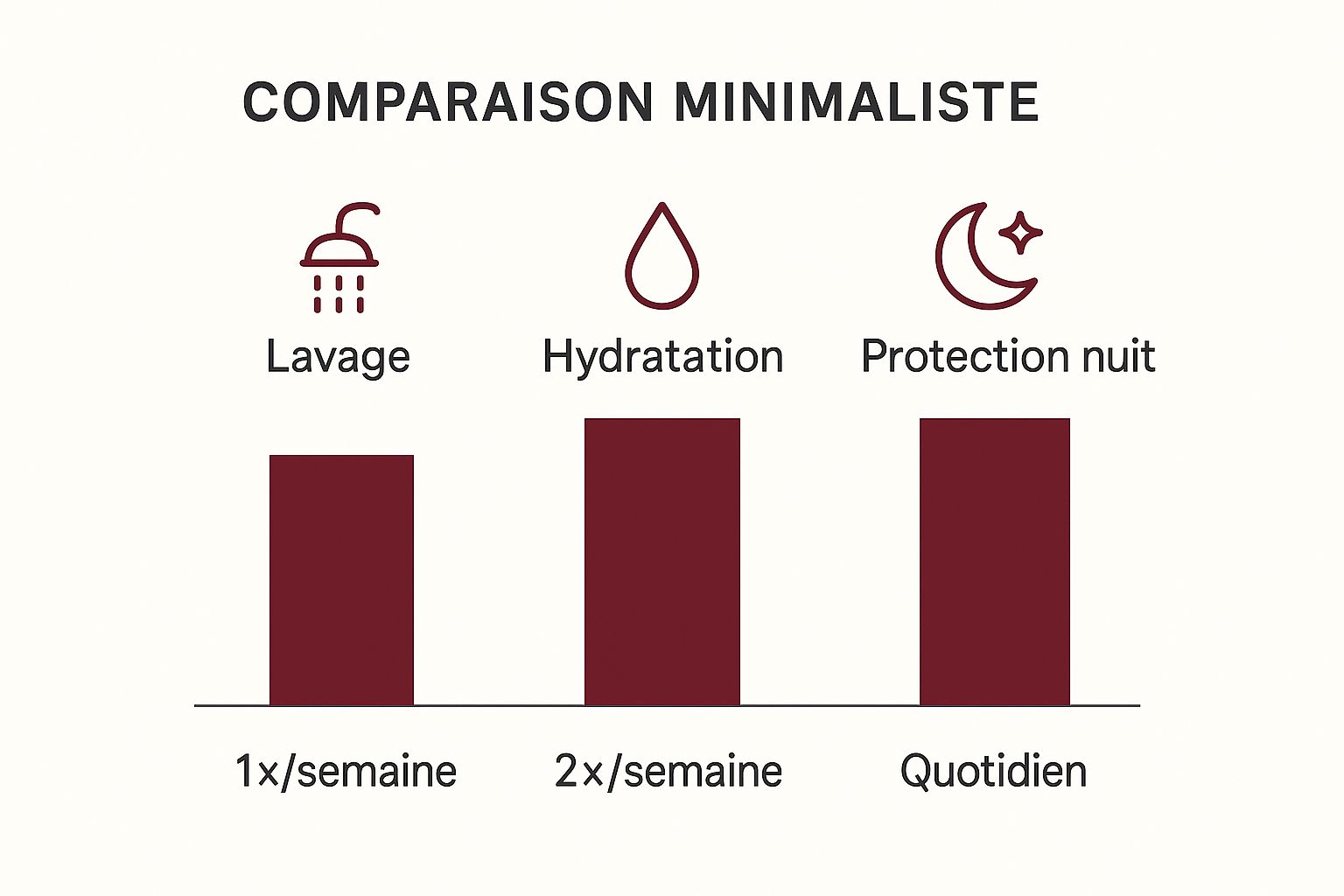 Infographie montrant la fréquence de soin pour les mèches naturelles de tissage Lavage, Hydratation, Protection nuit