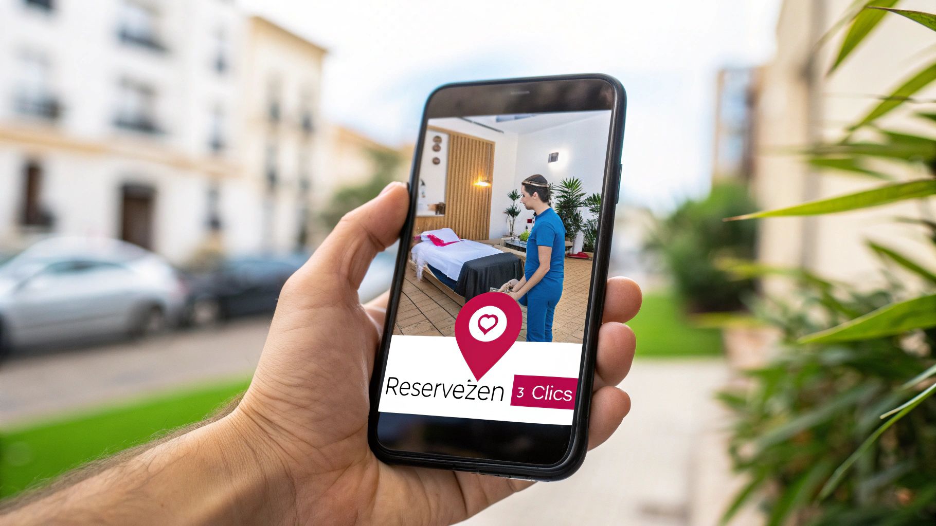 Une main tient un smartphone montrant une application de réservation de massage avec un thérapeute préparant la table.