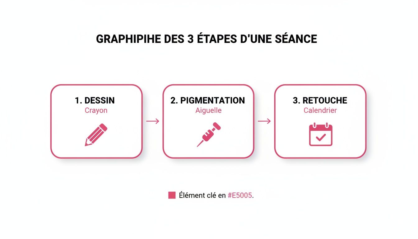 Infographie détaillant les 3 étapes d'une séance : dessin (crayon), pigmentation (aiguille) et retouche (calendrier).