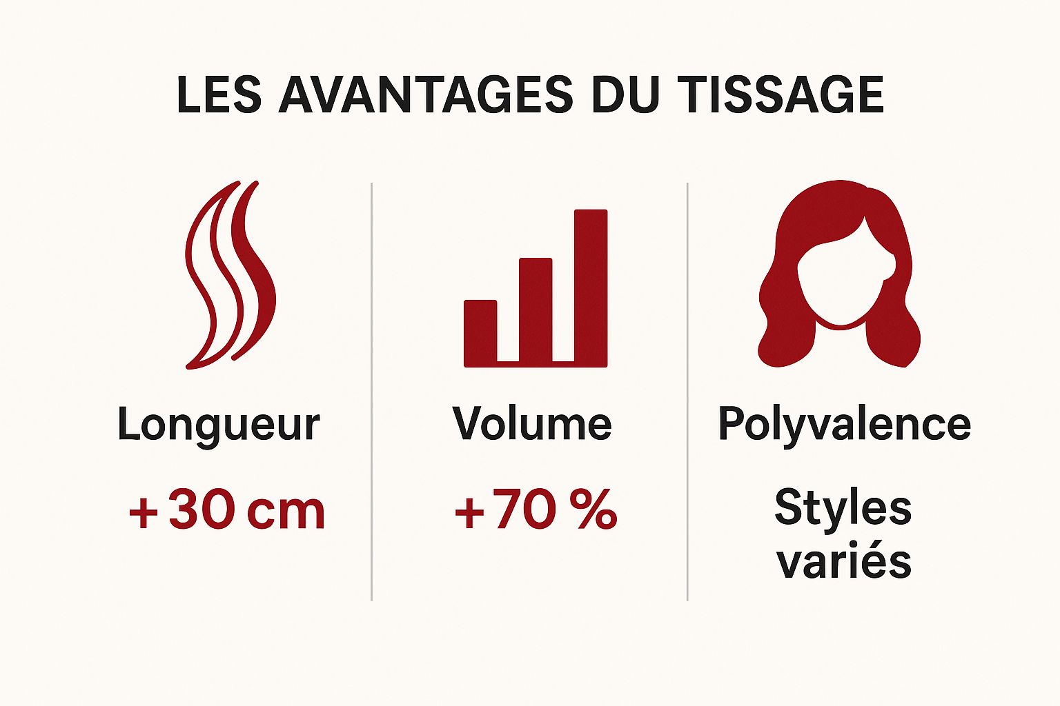 Infographie comparant les avantages du tissage pour les extensions de cheveux : Longueur, Volume, Polyvalence