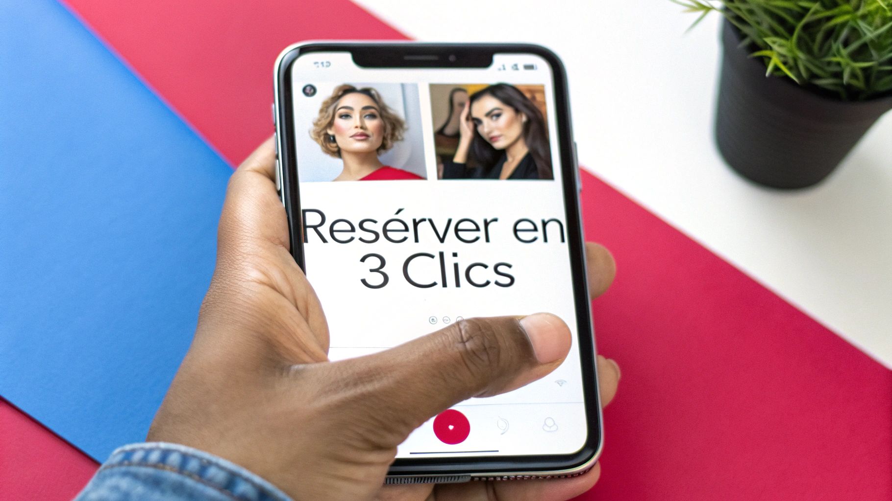 Main tenant un smartphone affichant une application de réservation avec des photos de femmes et le texte "Réserver en 3 Clics".