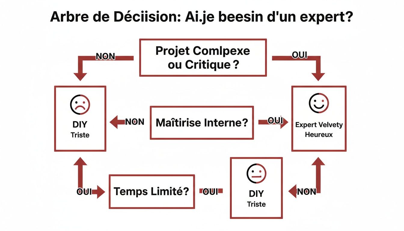 Arbre de décision pour évaluer si un expert est nécessaire, selon la complexité du projet, la maîtrise interne et le temps disponible.