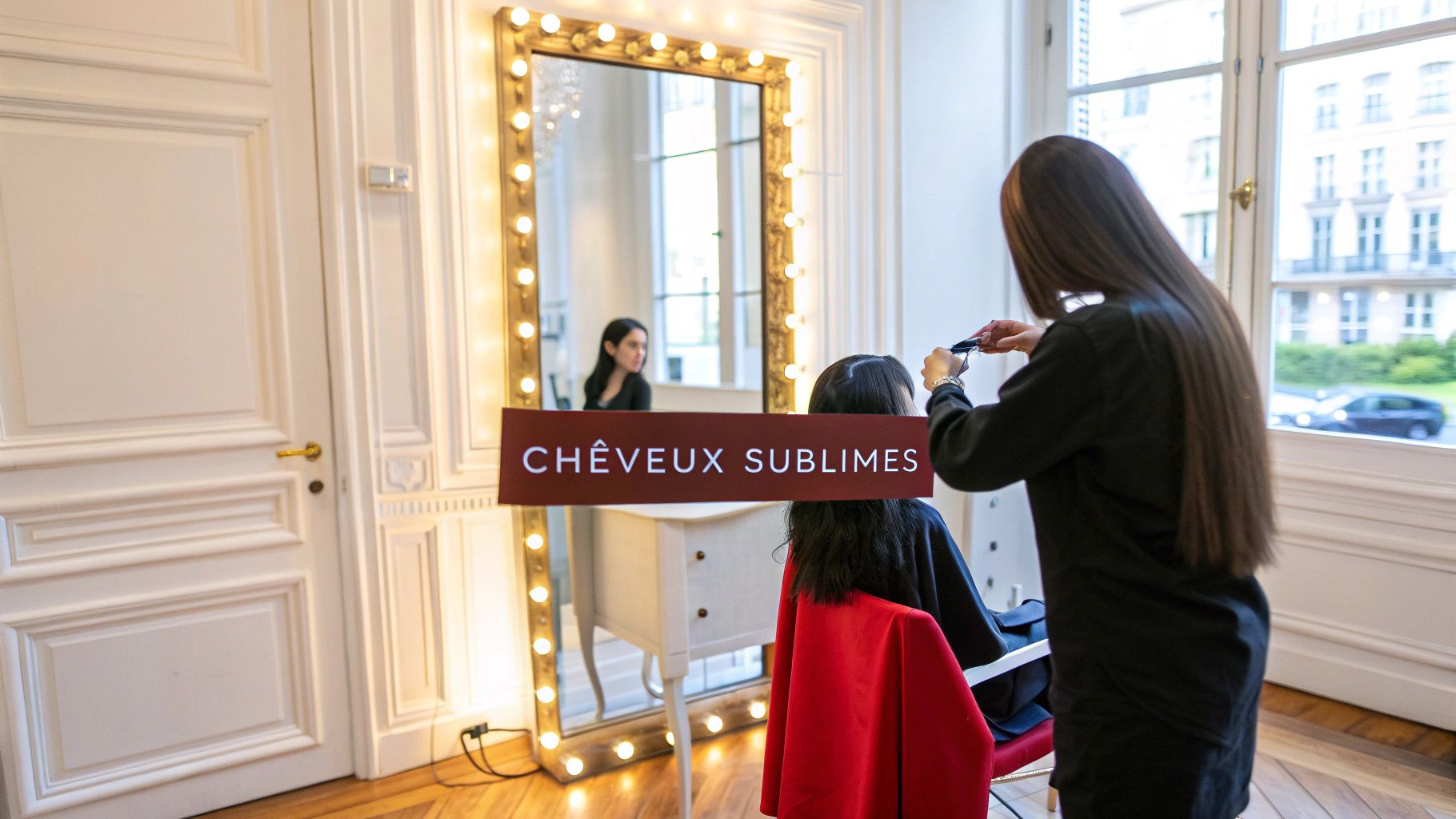 Une coiffeuse coiffe une cliente devant un grand miroir lumineux avec l'inscription "CHEVEUX SUBLIMES".