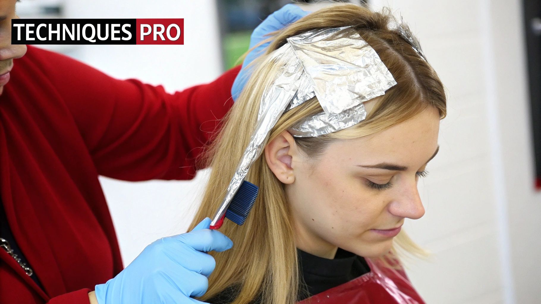 Coiffeur appliquant des mèches blondes avec des feuilles d'aluminium sur les cheveux d'une cliente.