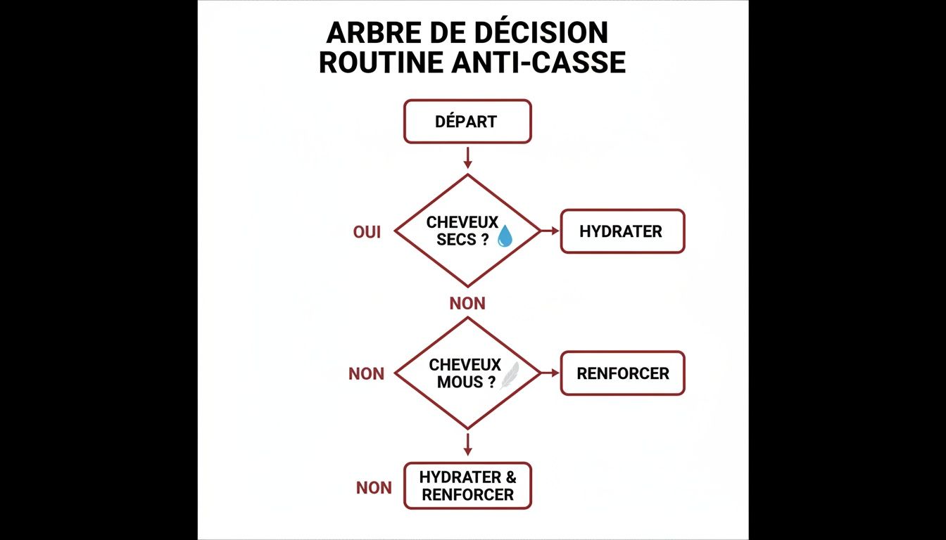 Arbre de décision pour une routine anti-casse. Ce flowchart guide sur l'hydratation et le renforcement des cheveux secs ou mous.