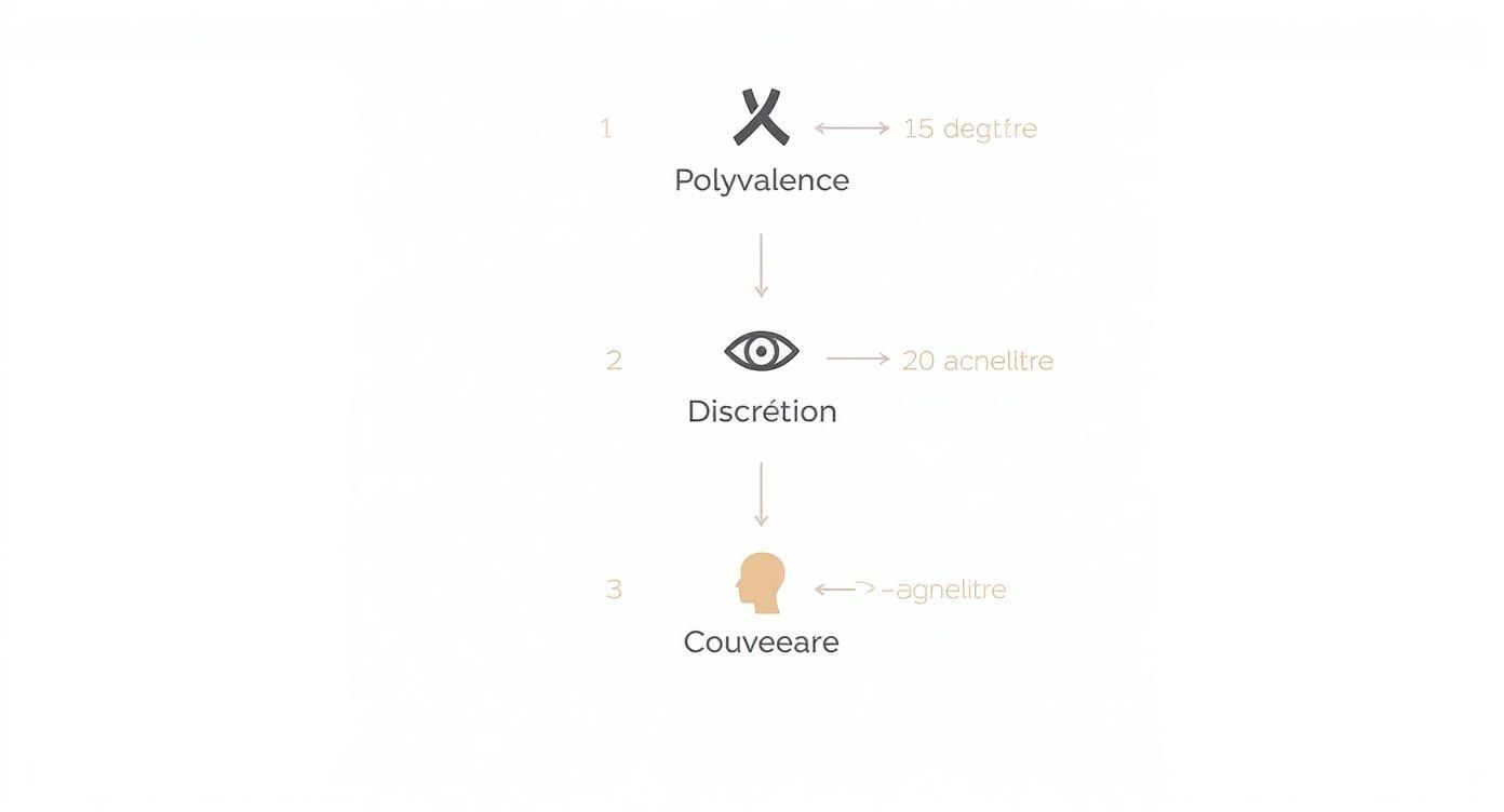 Diagramme montrant trois niveaux de propriétés chimiques : polyvalence, discrétion et couveaare avec leurs valeurs respectives